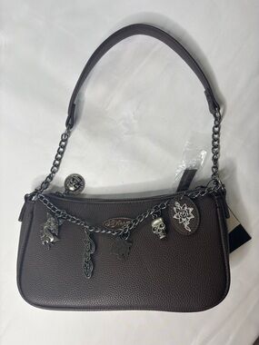 Ed Hardy Pebbled Brown Vegan Leather Charm Convertible Shoulder Bag | NWT